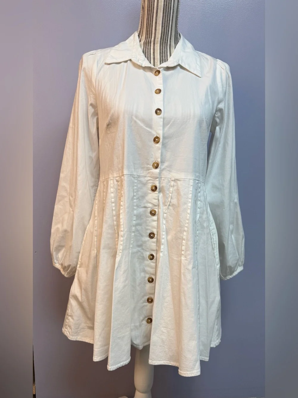 NWT Free People marvelous Mia long sleeve Button-Front Ivory Mini Shirt Dress XS - Picture 4 of 16